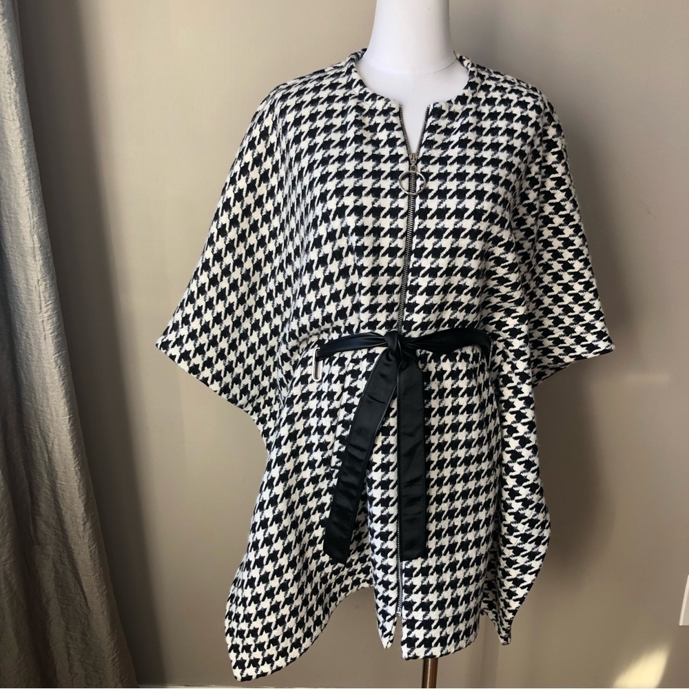 NWT Boston Proper Black & White Houndstooth Cape Poncho Belted Oversized XS/S